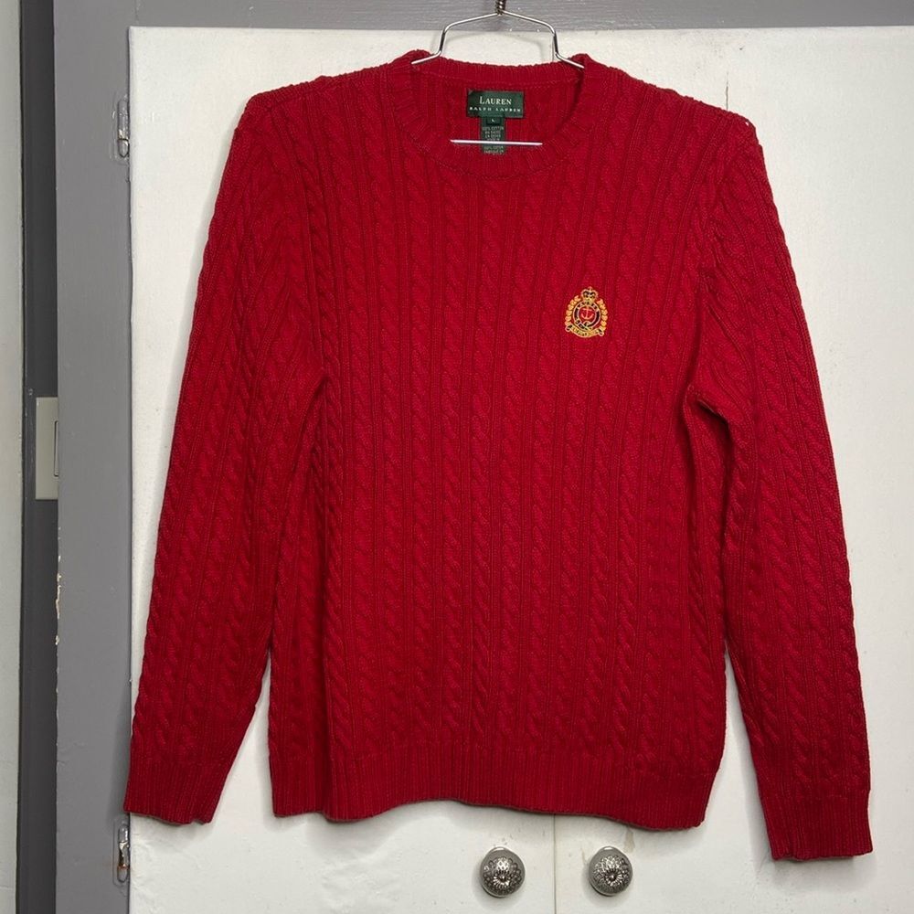 Lauren Ralph Lauren Men Cable Knit Sweater LG Red Victory Logo Crest Cotton VTG
